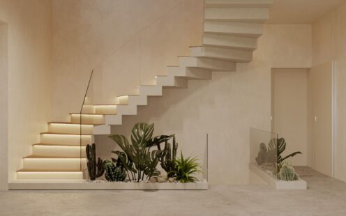 "contemporary staircase of attractive and unusual shape"