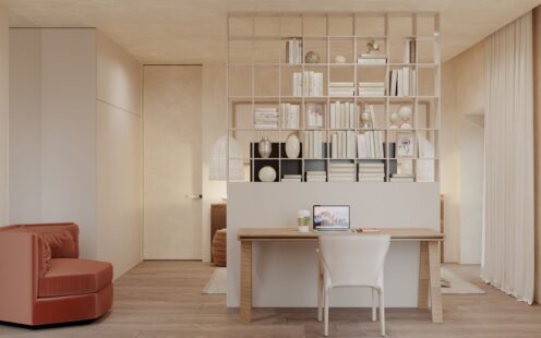 "contemporary library wall was designed to separate home office area from the bedroom "