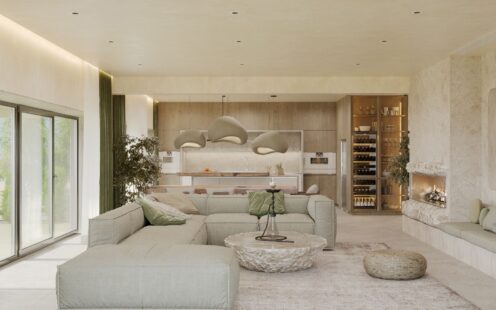 contemporary living room connected to kitchen
