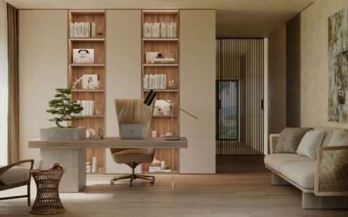"home office area, working table, library and sofa"
