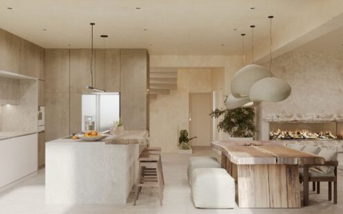 "Luxury bright kitchen with island connected to spacious living room"